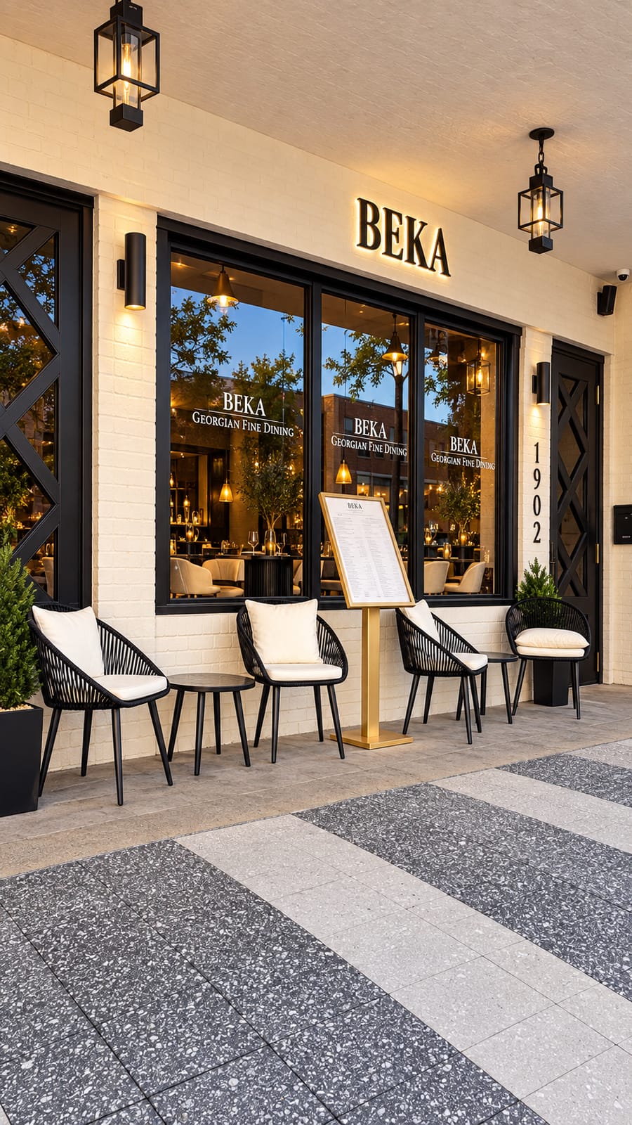 The BEKA storefront at dusk, with outdoor seating at 1902 Harrison St