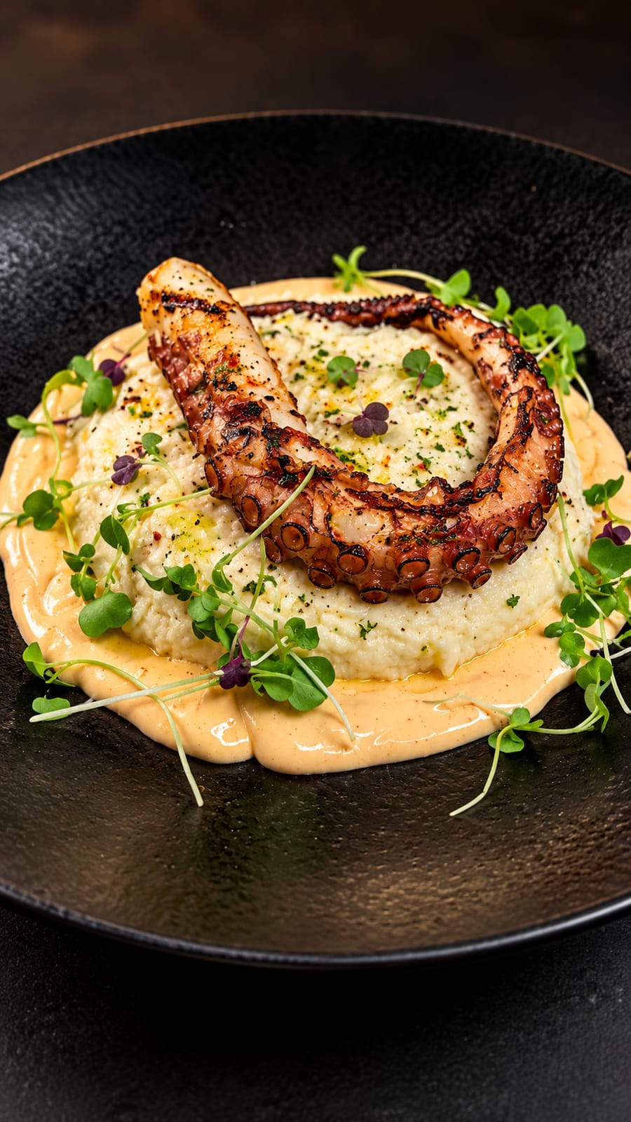 Octopus Elarji: grilled octopus over creamy smoked elarji with microgreens