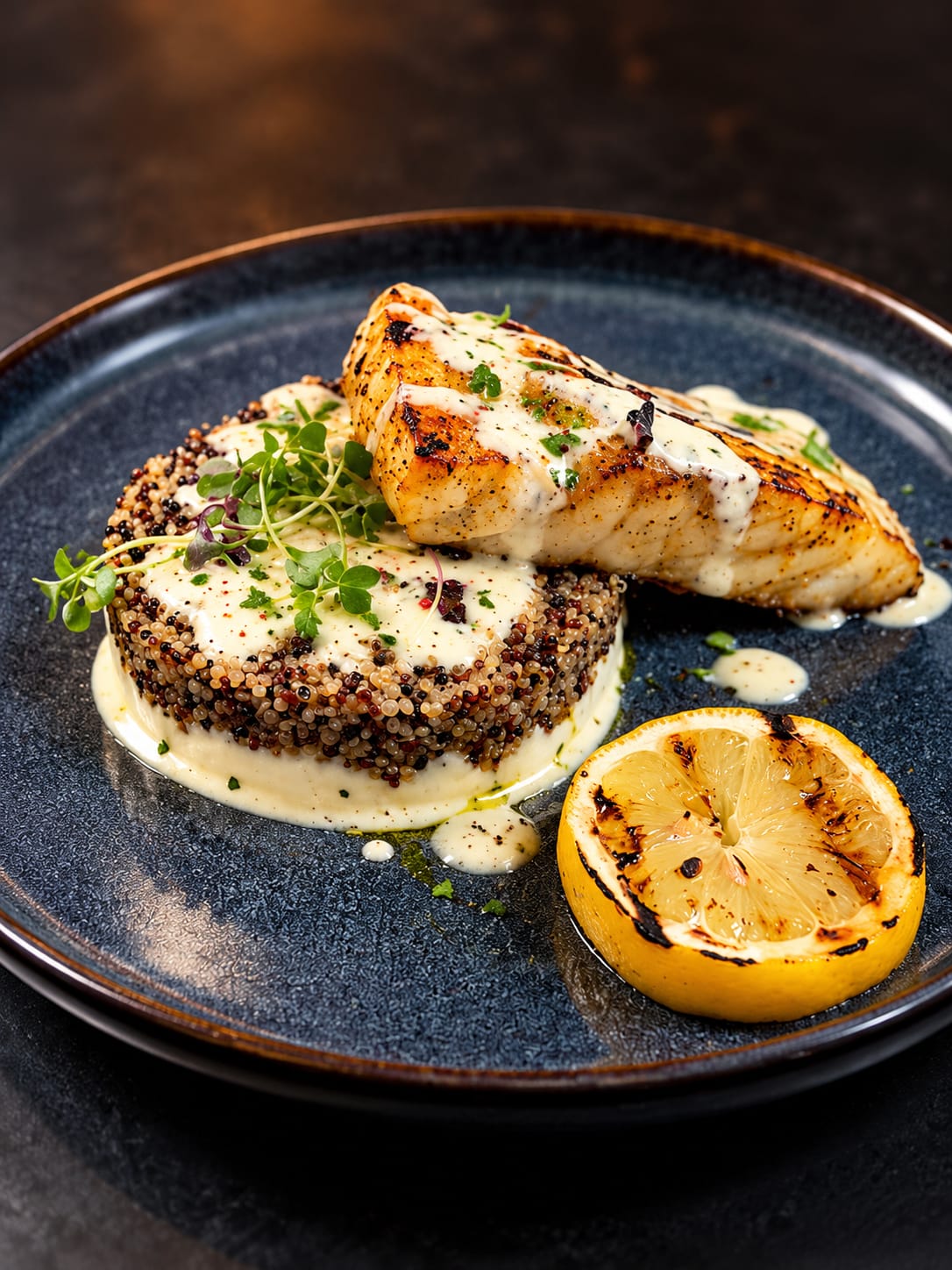 Charcoal Grouper: grilled grouper with quinoa, cream sauce and charred lemon